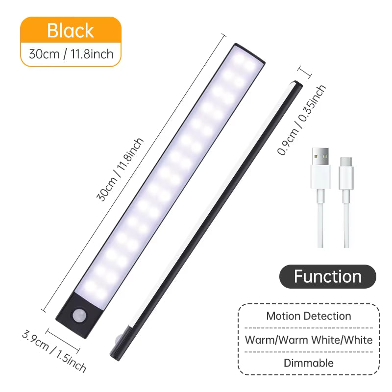 Night Light 20/30/40/60CM Motion Sensor Light Wireless USB LED Cabinet Light Wardrobe Lamp for Kitchen Cabinet Bedroom Wardrobe