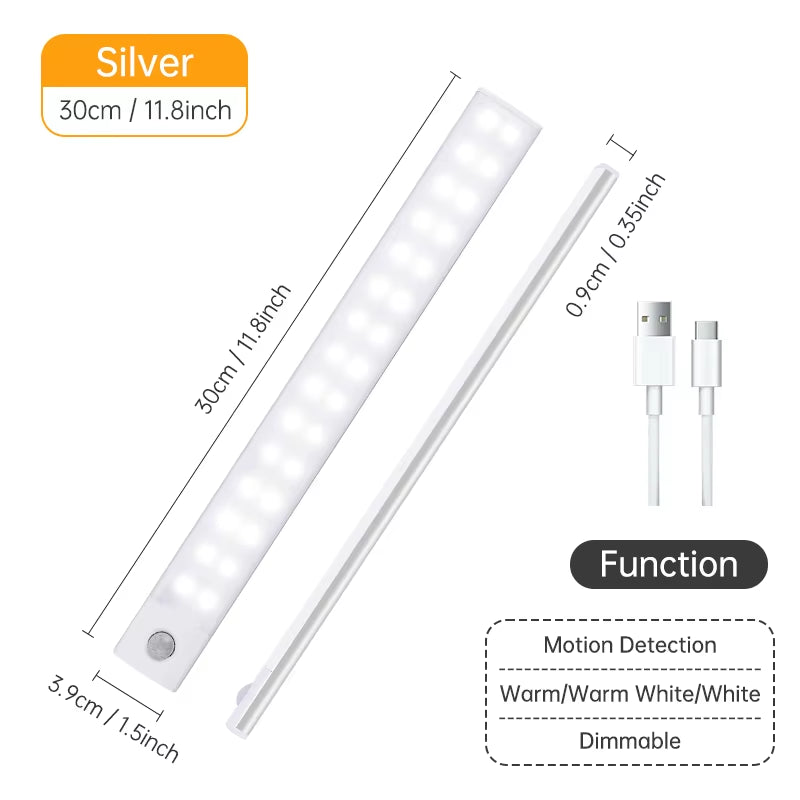 Night Light 20/30/40/60CM Motion Sensor Light Wireless USB LED Cabinet Light Wardrobe Lamp for Kitchen Cabinet Bedroom Wardrobe