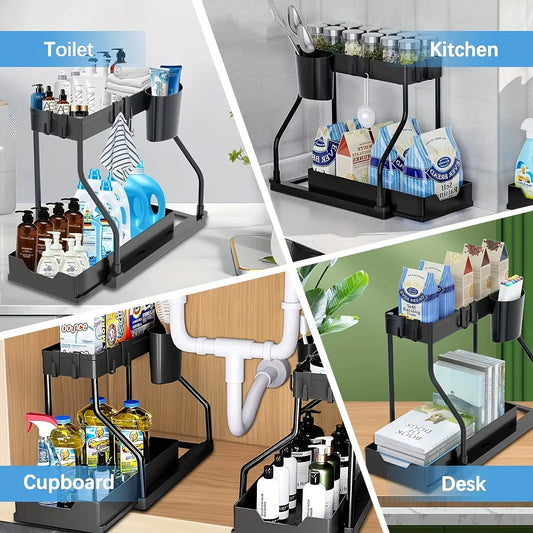 Space Saving 2 Tier under Sink Organizer,Pull Out Storage Box Durable Large Capacity Kitchen Bathroom Essential Drawer Organizer