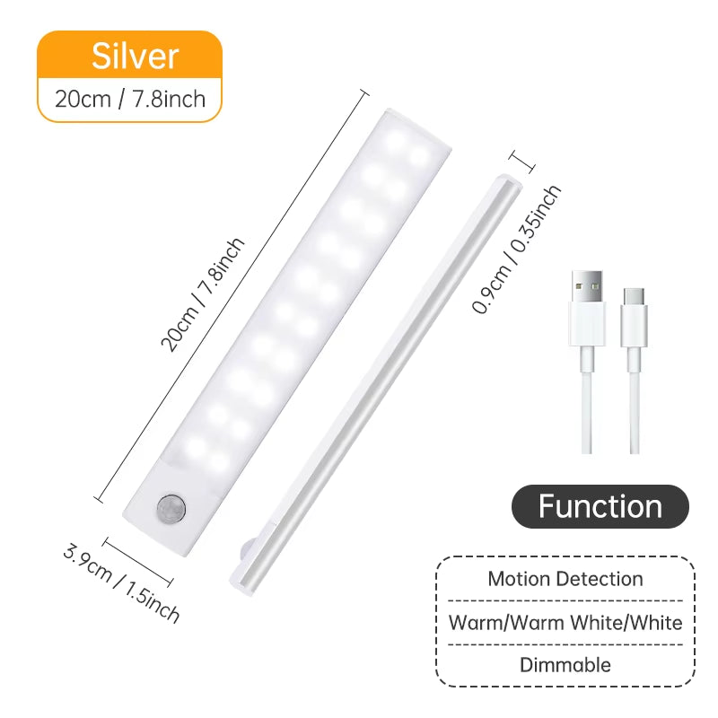 Night Light 20/30/40/60CM Motion Sensor Light Wireless USB LED Cabinet Light Wardrobe Lamp for Kitchen Cabinet Bedroom Wardrobe